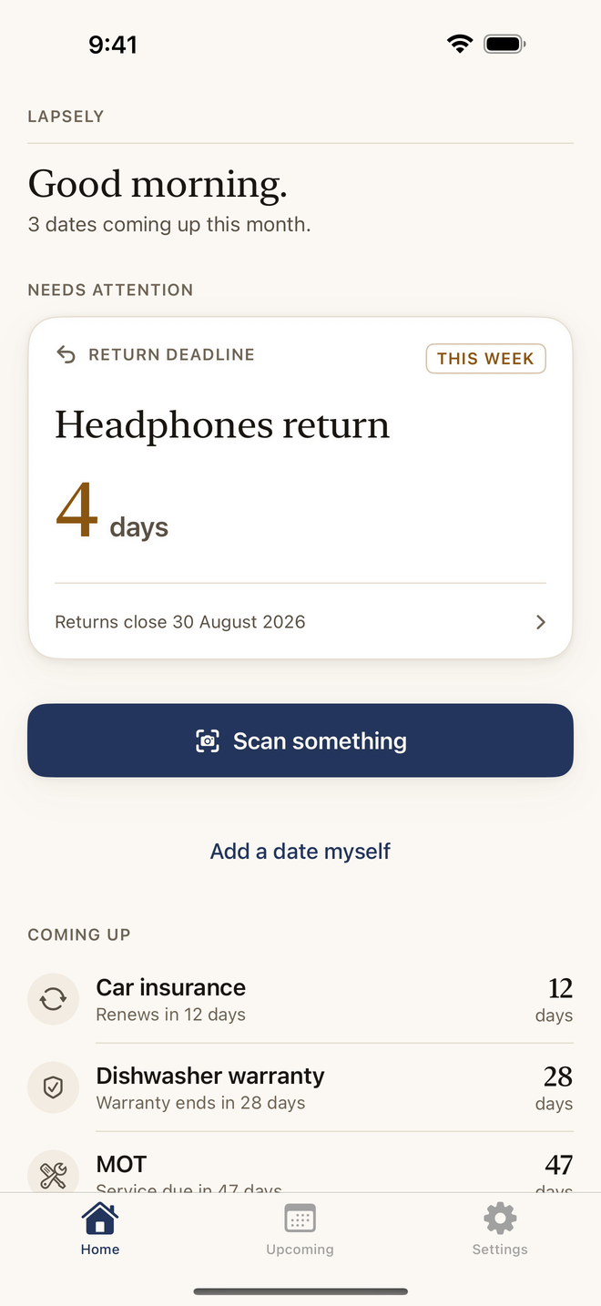 The Lapsely home screen, showing a return deadline four days away and three more dates coming up.