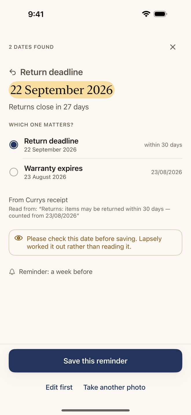 The result of a scan: a return deadline of 22 September 2026, with the line it was read from shown underneath.