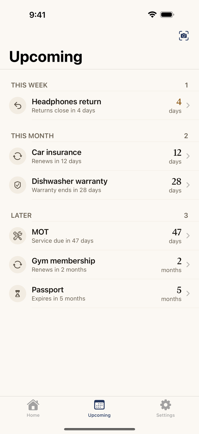 Every saved date, grouped into this week, this month and later.